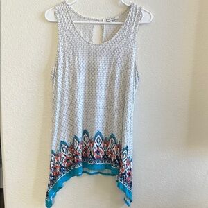 Rose & Olive White Tank with Turquoise and Coral Border